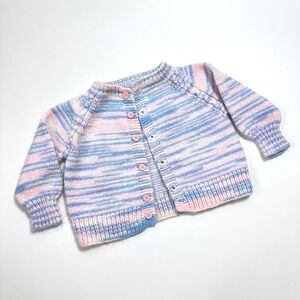 VTG Handmade Baby Raglan Knit Cardigan Variegated Blue Pink Button Front 2T-3T